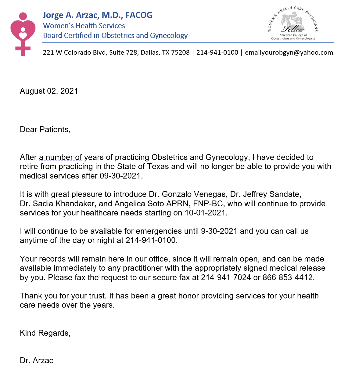 Letter of Retirement
