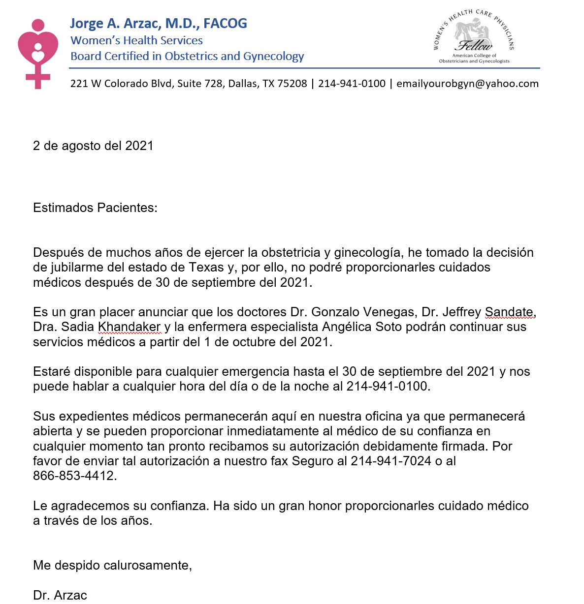 Retirement Letter Spanish